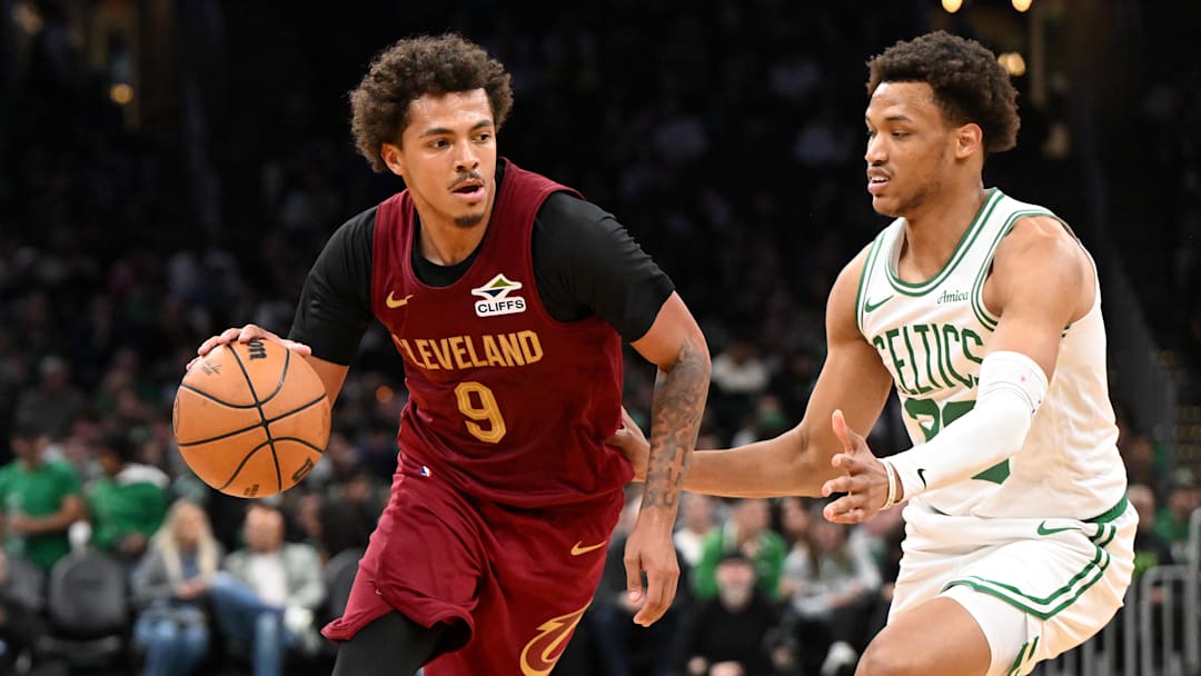Oct 12, 2025; Boston, Massachusetts, USA; Cleveland Cavaliers guard Craig Porter Jr. (9) drives to the basket against Boston Celtics guard Hugo González (28) during the second half at TD Garden. Mandatory Credit: Brian Fluharty-Imagn Images
