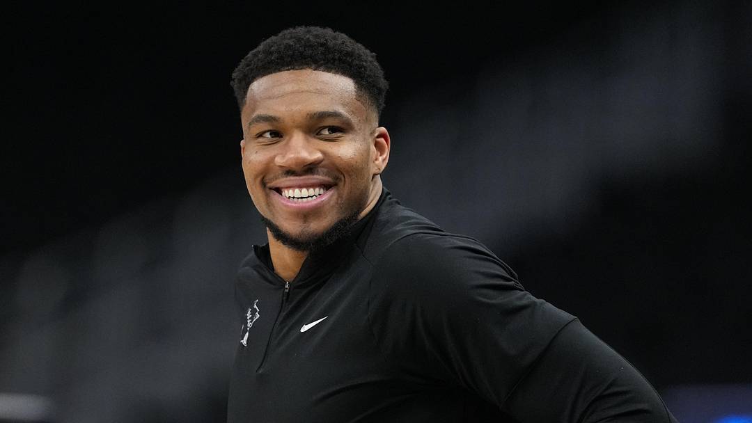 Apr 10, 2026; Milwaukee, Wisconsin, USA;  Milwaukee Bucks forward Giannis Antetokounmpo looks on during warmups prior to the game against the Brooklyn Nets at Fiserv Forum. Mandatory Credit: Jeff Hanisch-Imagn Images