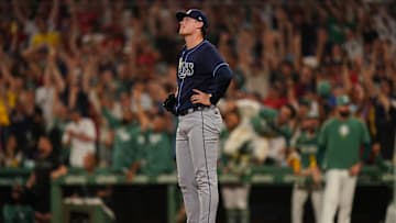 Tampa Bay Rays pitcher Pete Fairbanks looks on after Boston Red Sox outfielder Ceddanne Rafaela (not pictured) hits a two-run home run to win the game in the ninth inning at Fenway Park. 