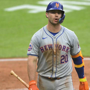 May 20, 2024; Cleveland, Ohio, USA; New York Mets first baseman Pete Alonso (20) reacts after striking out in the eighth inning against the Cleveland Guardians at Progressive Field. Mandatory Credit: David Richard-Imagn Images