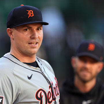 Sep 6, 2024; Oakland, California, USA; Detroit Tigers starting pitcher Tarik Skubal (29) before the game against the Oakland Athletics at Oakland-Alameda County Coliseum. Mandatory Credit: Darren Yamashita-Imagn Images