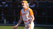 Tennessee pitcher Karlyn Pickens (23) celebrates after a strikeout during a NCAA softball game between Tennessee and Arkansas at Sherri Parker Lee Stadium on Saturday, March 22, 2025.