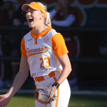 Tennessee pitcher Karlyn Pickens (23) celebrates after a strikeout during a NCAA softball game between Tennessee and Arkansas at Sherri Parker Lee Stadium on Saturday, March 22, 2025.