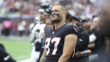 Sep 29, 2024; Houston, Texas, USA; Houston Texans tight end Cade Stover (87) during the game against the Jacksonville Jaguars at NRG Stadium. Mandatory Credit: Troy Taormina-Imagn Images
