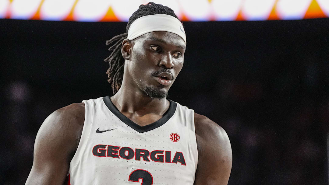 Mar 3, 2026; Athens, Georgia, USA; Georgia Bulldogs center Somto Cyril (2) on the court against the Alabama Crimson Tide at Stegeman Coliseum. Mandatory Credit: Dale Zanine-Imagn Images