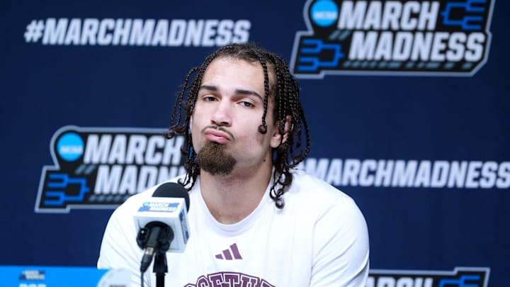 Texas A&M's Pop Isaacs speaks to the media during practice and media day for the first round of the NCAA basketball tournament at Paycom Center in Oklahoma City, Okla., Wednesday March 18, 2026.