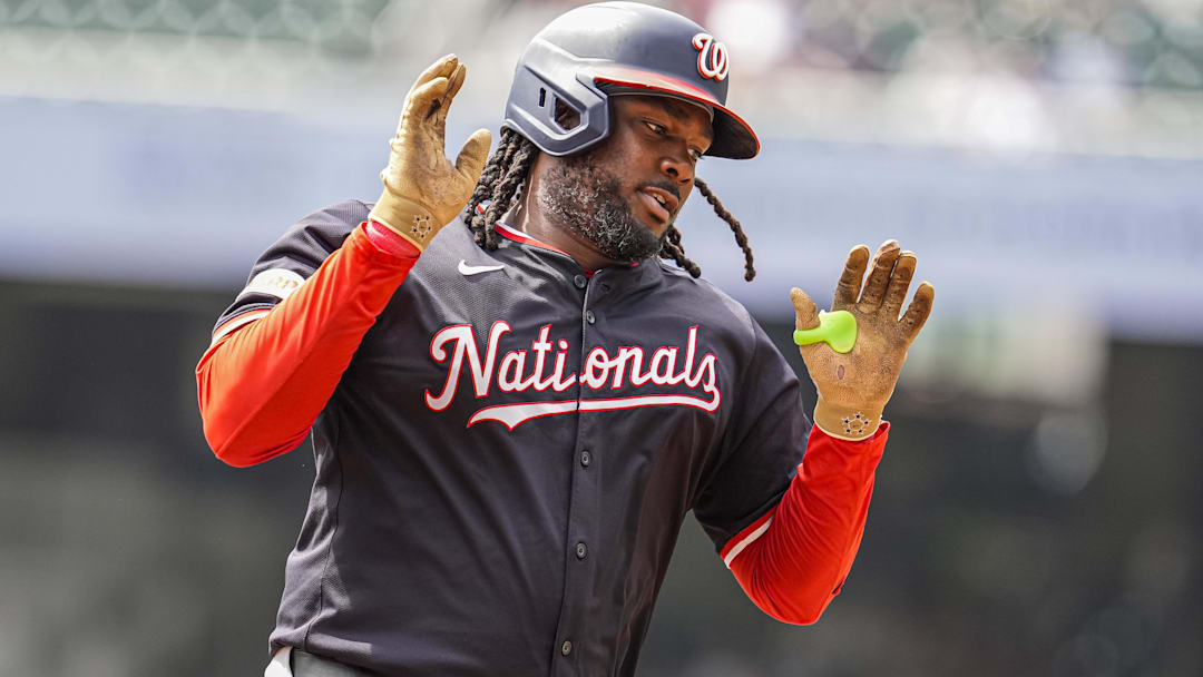 Sep 24, 2025; Cumberland, Georgia, USA; Washington Nationals first baseman Josh Bell (19) reacts after hitting a home run against the Atlanta Braves during the fourth inning at Truist Park. Sep 24, 2025; Cumberland, Georgia, USA; Washington Nationals first baseman Josh Bell (19) reacts after hitting a home run against the Atlanta Braves during the fourth inning at Truist Park.