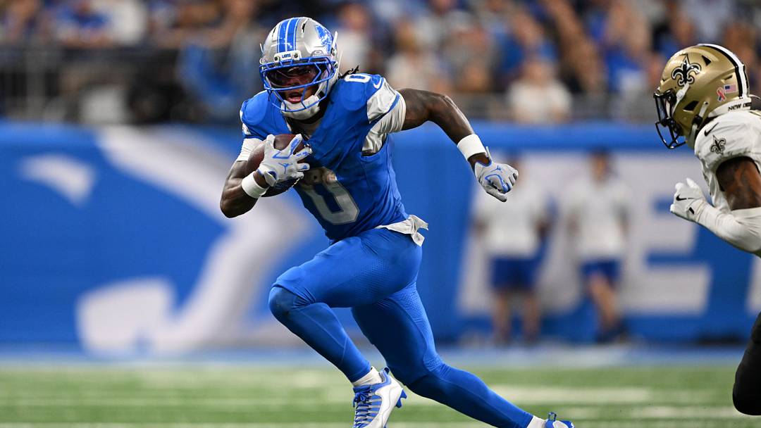 Detroit Lions running back Jahmyr Gibbs (0) carries the ball against the New Orleans Saints during the fourth quarter at Ford Field. Detroit Lions running back Jahmyr Gibbs (0) carries the ball against the New Orleans Saints during the fourth quarter at Ford Field.