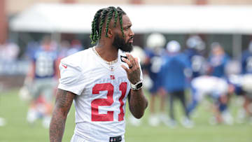 Jul 24, 2024; East Rutherford, NJ, USA; New York Giants cornerback Jalen Mills (21) during training camp at Quest Diagnostics Training Facility. Mandatory Credit: Vincent Carchietta-Imagn Images
