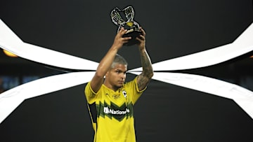 Aug 25, 2024; Columbus, Ohio, USA; Columbus Crew forward Cucho Hernandez (9) holds up the best player trophy after their win against LAFC in the Leagues Cup Final at Lower.com Field. Mandatory Credit: Trevor Ruszkowski-USA TODAY Sports