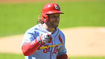 Jun 28, 2025; Cleveland, Ohio, USA; St. Louis Cardinals second baseman Brendan Donovan (33) runs the bases on his solo home run in the first inning against the Cleveland Guardians at Progressive Field. Mandatory Credit: David Richard-Imagn Images