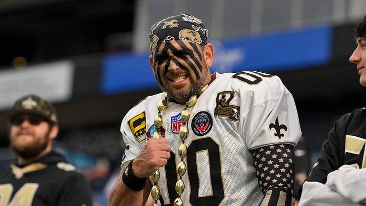 Dec 28, 2025; Nashville, Tennessee, USA;  New Orleans Saints fan against the Tennessee Titans during the first half at Nissan Stadium. Mandatory Credit: Steve Roberts-Imagn Images