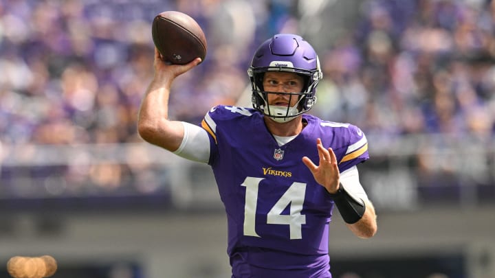 Minnesota Vikings quarterback Sam Darnold (14) throws a pass against the Las Vegas Raiders during the first quarter at U.S. Bank Stadium in Minneapolis on Aug. 10, 2024. 