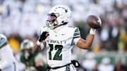 Oct 18, 2025; Fort Collins, Colorado, USA; Hawaii Rainbow Warriors quarterback Micah Alejado (12).