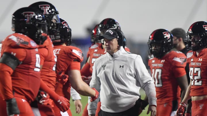 Texas Tech's head coach Joey McGuire walks along the sidelines during the Independence Bowl game against California, Saturday, Dec. 16, 2023, at Independence Stadium in Shreveport, La.