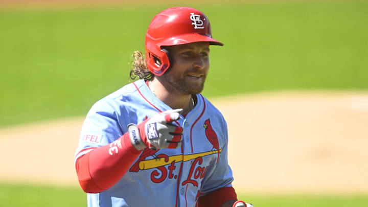 Jun 28, 2025; Cleveland, Ohio, USA; St. Louis Cardinals second baseman Brendan Donovan (33) runs the bases on his solo home run in the first inning against the Cleveland Guardians at Progressive Field. Mandatory Credit: David Richard-Imagn Images