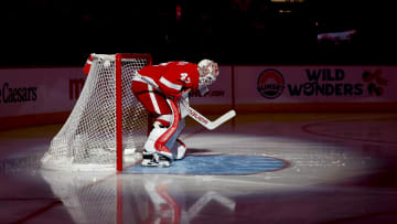 Dec 22, 2023; Detroit, Michigan, USA;  Detroit Red Wings goaltender James Reimer (47) gets set