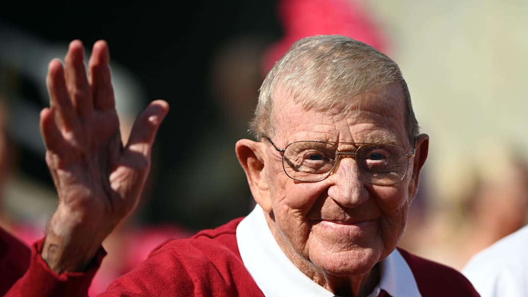 Oct 7, 2023; Raleigh, North Carolina, USA; Former North Carolina State Wolfpack head coach Lou Holtz is honored along with his 1973 football team during the first half at Carter-Finley Stadium. Mandatory Credit: Rob Kinnan-Imagn Images