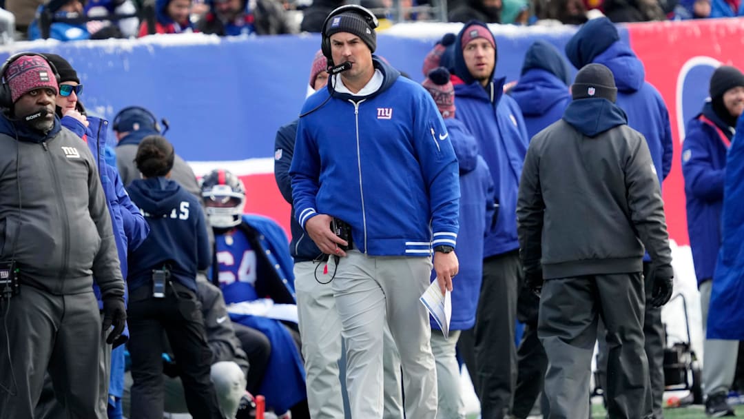 New York Giants Interim Head Coach Mike Kafka is shown on the sideline during the first half against the Washington Commanders, Sunday, December 14, 2025. New York Giants Interim Head Coach Mike Kafka is shown on the sideline during the first half against the Washington Commanders, Sunday, December 14, 2025.