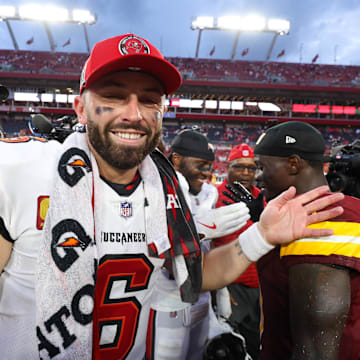 Sep 8, 2024; Tampa, Florida, USA; Tampa Bay Buccaneers quarterback Baker Mayfield (6) celebrates after beating the Washington Commanders at Raymond James Stadium. Mandatory Credit: Nathan Ray Seebeck-Imagn Images