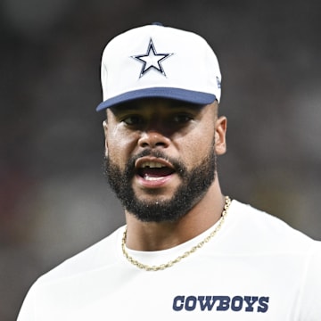 Aug 17, 2024; Paradise, Nevada, USA; Dallas Cowboys quarterback Dak Prescott (4) looks on from the sideline in the third quarter against the Las Vegas Raiders at Allegiant Stadium. Mandatory Credit: Candice Ward-Imagn Images