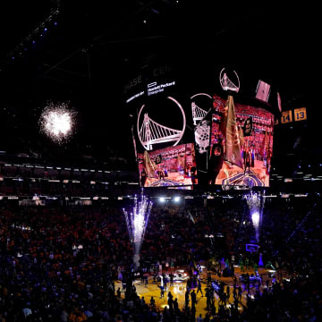 Jun 13, 2022; San Francisco, California, USA; An overall view of the court during the national anthem in game five of the 2022 NBA Finals between the Golden State Warriors and the Boston Celtics at Chase Center. Mandatory Credit: Cary Edmondson-USA TODAY Sports
