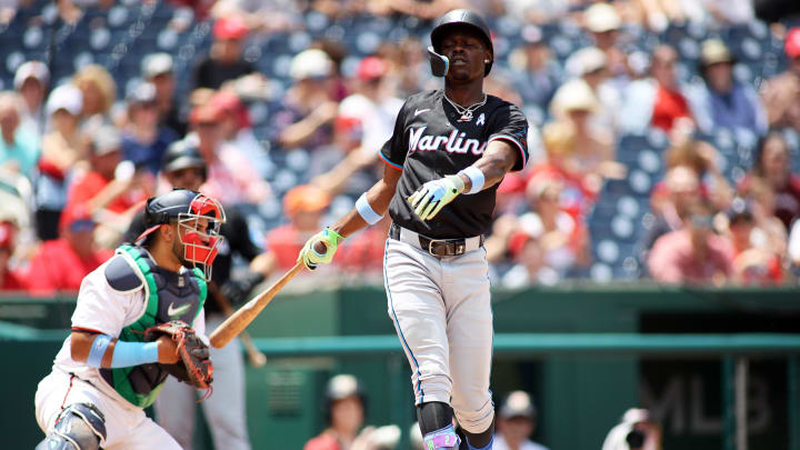 Jun 16, 2024; Washington, District of Columbia, USA; Miami Marlins outfielder Jazz Chisholm Jr. (2) strikes out during the third inning in a game against the Washington Nationals at Nationals Park. Mandatory Credit: Daniel Kucin Jr.-USA TODAY Sports