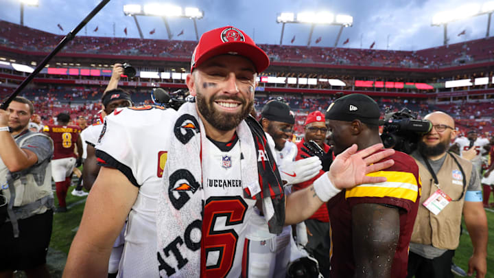 Sep 8, 2024; Tampa, Florida, USA; Tampa Bay Buccaneers quarterback Baker Mayfield (6) celebrates after beating the Washington Commanders at Raymond James Stadium. Mandatory Credit: Nathan Ray Seebeck-Imagn Images