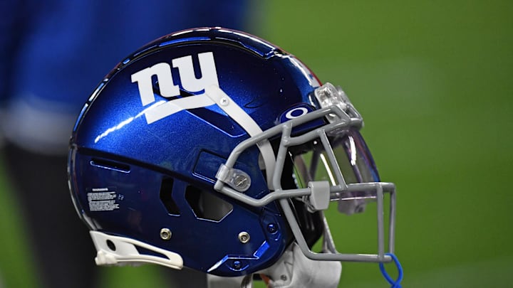 Dec 25, 2023; Philadelphia, Pennsylvania, USA; New York Giants helmet against the Philadelphia Eagles at Lincoln Financial Field. Mandatory Credit: Eric Hartline-Imagn Images