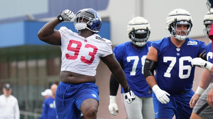 Jul 25, 2024; East Rutherford, NY, USA; New York Giants defensive tackle Rakeem Nunez-Roches (93) reacts during training camp at Quest Diagnostics Training Center.  