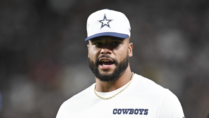 Aug 17, 2024; Paradise, Nevada, USA; Dallas Cowboys quarterback Dak Prescott (4) looks on from the sideline in the third quarter against the Las Vegas Raiders at Allegiant Stadium.