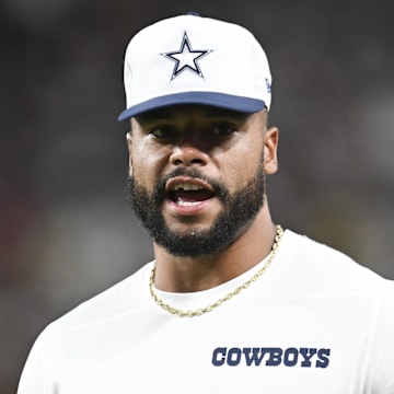 Aug 17, 2024; Paradise, Nevada, USA; Dallas Cowboys quarterback Dak Prescott (4) looks on from the sideline in the third quarter against the Las Vegas Raiders at Allegiant Stadium. Mandatory Credit: Candice Ward-Imagn Images