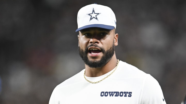 Dallas Cowboys quarterback Dak Prescott (4) looks on from the sideline in the third quarter against the Las Vegas Raiders at Allegiant Stadium.