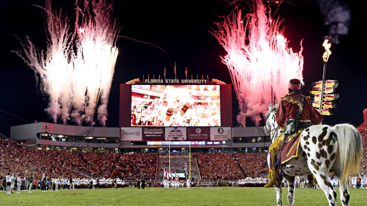 Oct 15, 2022; Tallahassee, Florida, USA; Florida State Seminoles symbols Osceola and Renegade watch as the team come out of the tunnel before a game against the Clemson Tigers at Doak S. Campbell Stadium. Mandatory Credit: Melina Myers-USA TODAY Sports