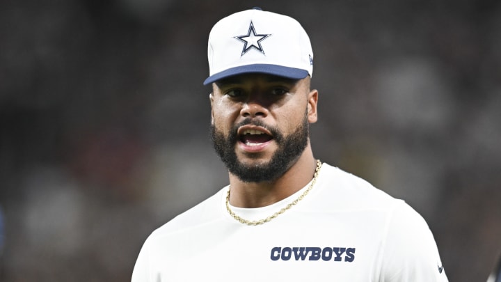 Aug 17, 2024; Paradise, Nevada, USA; Dallas Cowboys quarterback Dak Prescott (4) looks on from the sideline in the third quarter against the Las Vegas Raiders at Allegiant Stadium. Mandatory Credit: Candice Ward-USA TODAY Sports