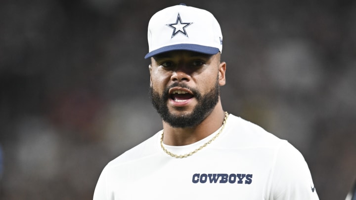 Aug 17, 2024; Paradise, Nevada, USA; Dallas Cowboys quarterback Dak Prescott (4) looks on from the sideline in the third quarter against the Las Vegas Raiders at Allegiant Stadium. 