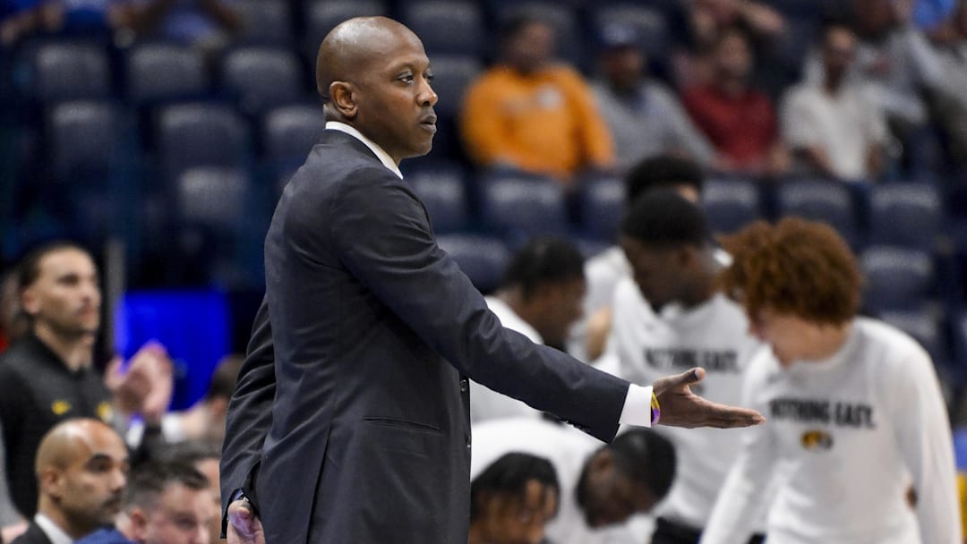 Missouri Tigers head coach Dennis Gates holds his hand out after a made three point basket, in a game against the Mississippi State Bulldogs last season.