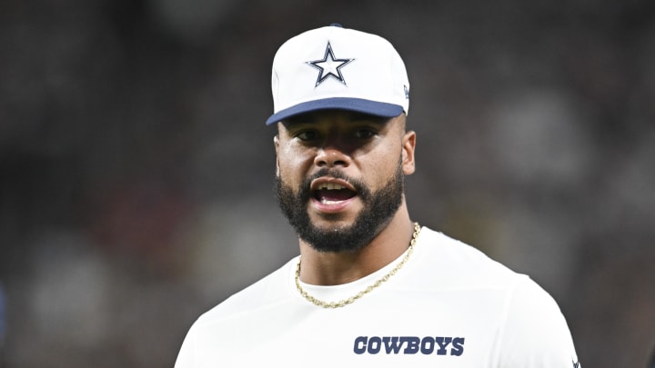 Aug 17, 2024; Paradise, Nevada, USA; Dallas Cowboys quarterback Dak Prescott (4) looks on from the sideline in the third quarter against the Las Vegas Raiders at Allegiant Stadium. Mandatory Credit: Candice Ward-USA TODAY Sports