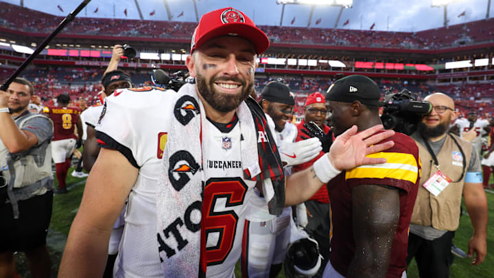 Sep 8, 2024; Tampa, Florida, USA; Tampa Bay Buccaneers quarterback Baker Mayfield (6) celebrates after beating the Washington Commanders at Raymond James Stadium. Mandatory Credit: Nathan Ray Seebeck-Imagn Images