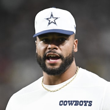 Aug 17, 2024; Paradise, Nevada, USA; Dallas Cowboys quarterback Dak Prescott (4) looks on from the sideline in the third quarter against the Las Vegas Raiders at Allegiant Stadium.