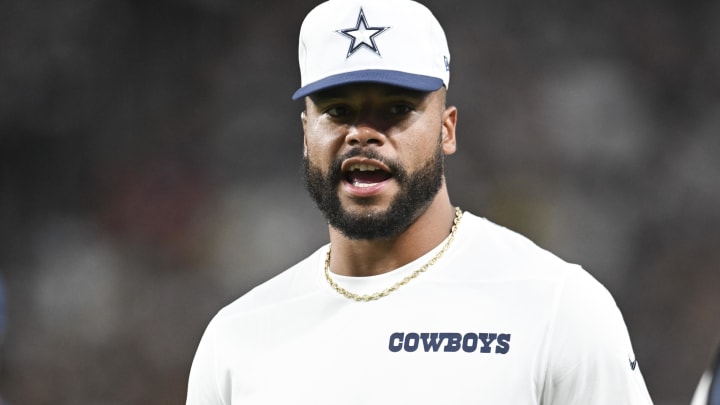 Aug 17, 2024; Paradise, Nevada, USA; Dallas Cowboys quarterback Dak Prescott (4) looks on from the sideline in the third quarter against the Las Vegas Raiders at Allegiant Stadium.