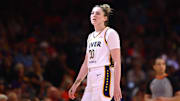 Jun 30, 2024; Phoenix, Arizona, USA; Indiana Fever forward Katie Lou Samuelson (33) against the Phoenix Mercury during a WNBA game at Footprint Center. Mandatory Credit: Mark J. Rebilas-Imagn Images