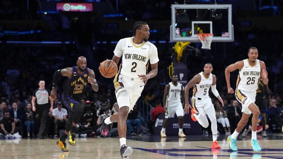 Mar 3, 2026; Los Angeles, California, USA; New Orleans Pelicans forward Herbert Jones (2) dribbles against Los Angeles Lakers forward LeBron James (23) in the first half at Crypto.com Arena. Mandatory Credit: Kirby Lee-Imagn Images Mar 3, 2026; Los Angeles, California, USA; New Orleans Pelicans forward Herbert Jones (2) dribbles against Los Angeles Lakers forward LeBron James (23) in the first half at Crypto.com Arena. Mandatory Credit: Kirby Lee-Imagn Images