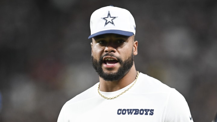 Aug 17, 2024; Paradise, Nevada, USA; Dallas Cowboys quarterback Dak Prescott (4) looks on from the sideline in the third quarter against the Las Vegas Raiders at Allegiant Stadium. Mandatory Credit: Candice Ward-USA TODAY Sports