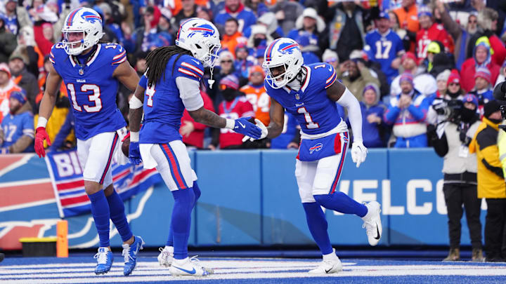 Jan 12, 2025; Orchard Park, New York, USA; Buffalo Bills running back James Cook (4) and wide receiver Curtis Samuel (1). Jan 12, 2025; Orchard Park, New York, USA; Buffalo Bills running back James Cook (4) and wide receiver Curtis Samuel (1).