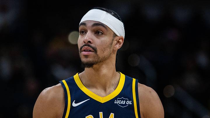 Indiana Pacers guard Andrew Nembhard (2) in the first half against the Atlanta Hawks at Gainbridge Fieldhouse.