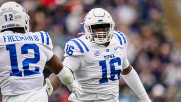 Sep 23, 2023; East Hartford, Connecticut, USA; Duke Blue Devils defensive tackle Aeneas Peebles (16) reacts after sacking UConn Huskies quarterback Ta'Quan Roberson (6) (not pictured) in the second quarter at Rentschler Field at Pratt & Whitney Stadium. Mandatory Credit: David Butler II-USA TODAY Sports