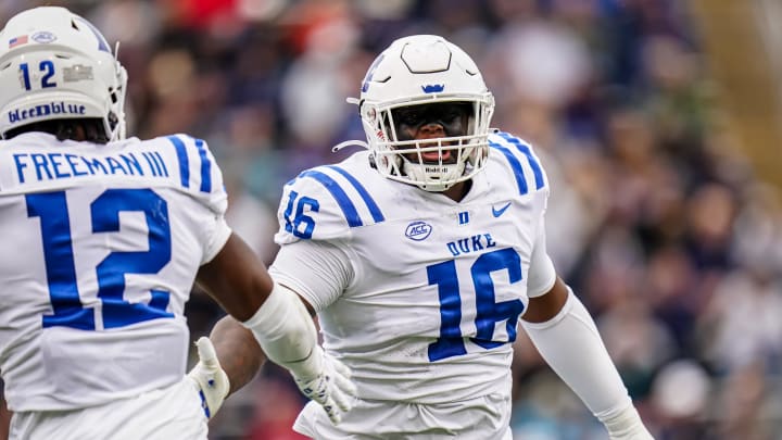 Sep 23, 2023; East Hartford, Connecticut, USA; Duke Blue Devils defensive tackle Aeneas Peebles (16) reacts after sacking UConn Huskies quarterback Ta'Quan Roberson (6) (not pictured) in the second quarter at Rentschler Field at Pratt & Whitney Stadium. Mandatory Credit: David Butler II-USA TODAY Sports