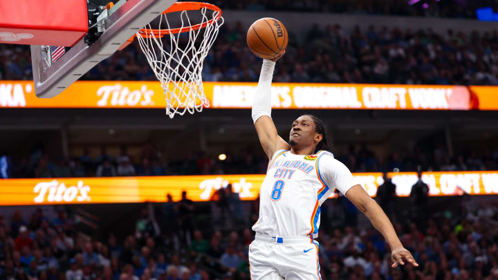 May 18, 2024; Dallas, Texas, USA;  Oklahoma City Thunder forward Jalen Williams (8) dunks during the second quarter against the Dallas Mavericks in game six of the second round of the 2024 NBA playoffs at American Airlines Center. Mandatory Credit: Kevin Jairaj-USA TODAY Sports