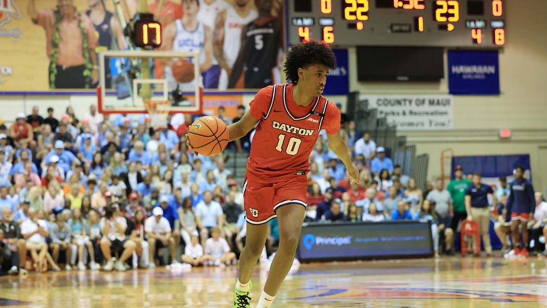Nov 25, 2024; Lahaina, Hawaii, USA;  Dayton Flyers guard Hamad Mousa (10) makes his way towards the basket against the North Carolina Tar Heels during the first half of an NCAA college basketball game at Lahaina Civic Center. Mandatory Credit: Marco Garcia-Imagn Images